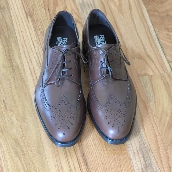 Salvatore Ferragamo NEW Men’s Brown Leather Wingtip Oxfords 10.5 D - Picture 3 of 13